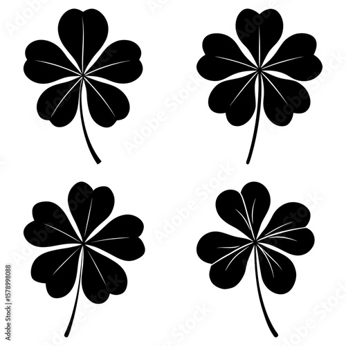 Four black shamrocks with five leaves each arranged in a square pattern on a white background design element