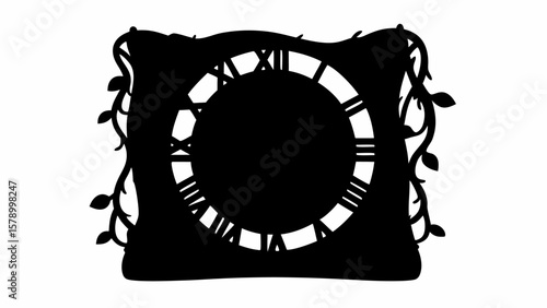 Silhouette of a clock face with roman numerals and vines around a decorative rectangular frame design