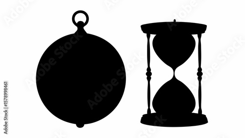 Silhouette of a pocket watch and an hourglass representing time and its passage in monochrome art