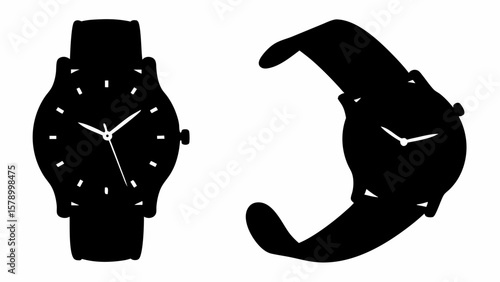 Two silhouette images of wrist watches with straps and visible hands and hour markers on a white background