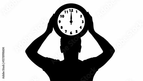 Silhouette of a person holding a clock over their head showing twelve o'clock on a white background image