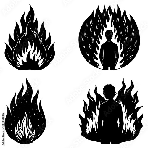Four black and white illustrations depicting flames and figures engulfed in fire designs artfully arranged