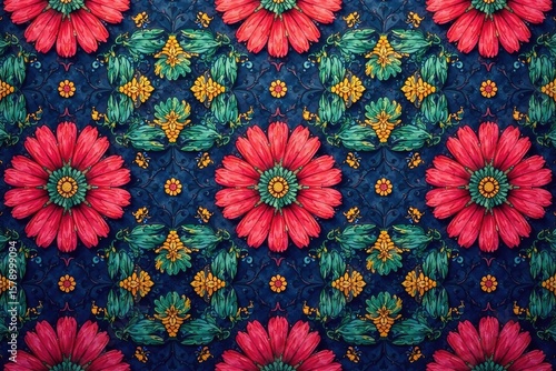 Intricate floral geometric pattern, vibrant hues, repeating design, colorful, background, floral pattern