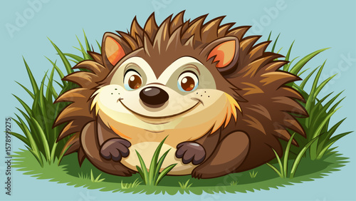 A grinning hedgehog lies belly-up in soft grass, tiny legs up. Its spiky body contrasts with its sweet expression, creating a quirky, lovable cartoon character without distraction.