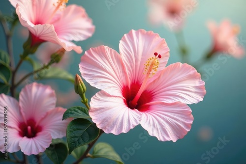 Delicate hibiscus blossoms, soft pastel hues, elegant repeating motif, summer, pastel, artwork