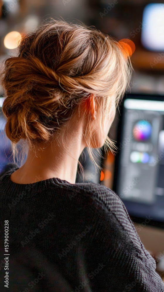Fototapeta premium Woman edits on a computer at dusk in home office