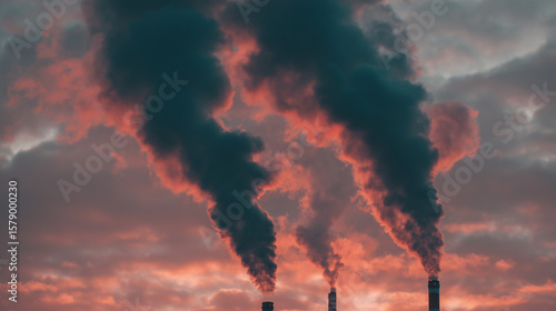 Toxic particles spreading through the sky, a hazy sunset backdrop, air pollution threat