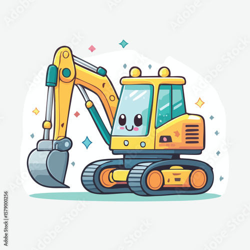 Cute Chibi-Style Excavator with Bold Outlines – Flat Vector Construction Vehicle Cartoon