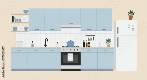 A modern kitchen with light blue cabinets, a white refrigerator, and various cooking utensils creates a clean and organized space