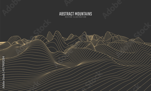 Contour mountain landscape. Waved line art. Abstract minimal topographic map. Contour lines with elevations and terrain depth. Vector illustration.