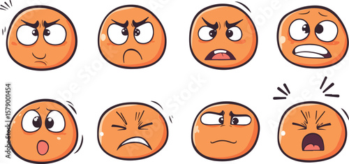 Collection of angry and irritated cartoon faces isolated on white background