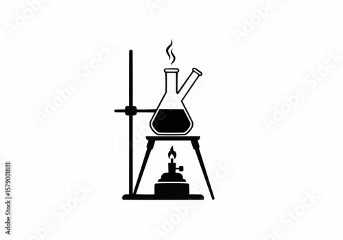 Laboratory setup showing flask with liquid being heated by a burner on a stand apparatus used in science