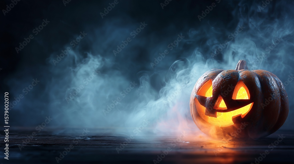 Naklejka premium Spooktacular Carved Pumpkin Lantern Glowing in Halloween Spirit