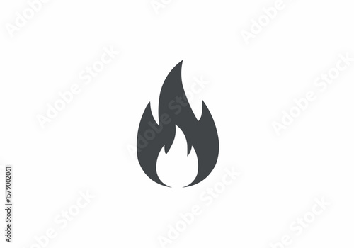 An illustration of a stylized dark gray flame with a white center on a white background image here