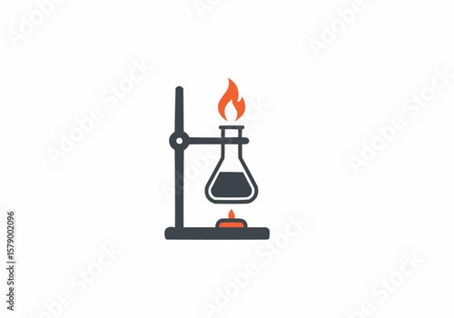 Illustration of a flask with liquid on a stand being heated by a flame in a science experiment setup