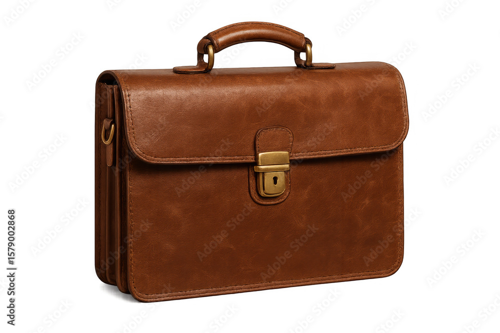 Classic brown leather briefcase with brass details, perfect for business professionals, isolated on a transparent background Classic brown leather briefcase with brass details, perfect for business professionals, isolated on a transparent background