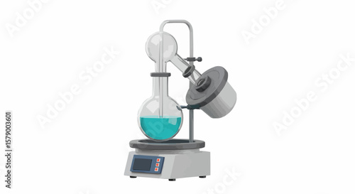 Illustration of a rotary evaporator with a round bottom flask containing blue liquid on a white background