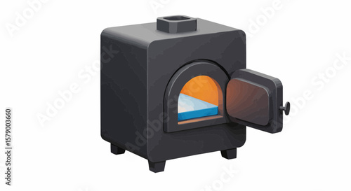 A black metal furnace with an open door revealing an orange and blue interior on a white background