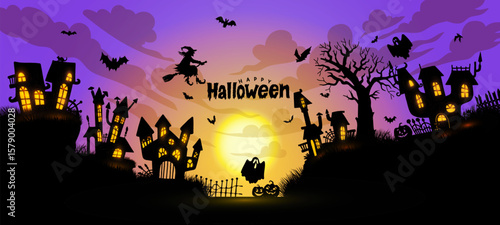Eerie vector shadows cast upon a cityscape with crooked spires, haunted houses, moon. Halloween town. Template silhouette of sinister darkened shapes hint at supernatural secrets in the spectral night