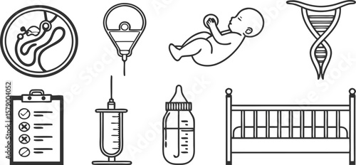 Minimalist Medical Line Art Icons of Pregnancy and Childbirth