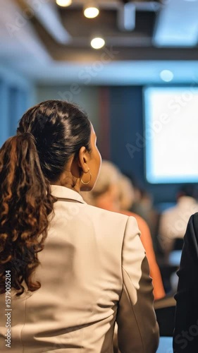 Rear view of diverse audience members attending business presentation in a conference room with a blank screen and bokeh lights