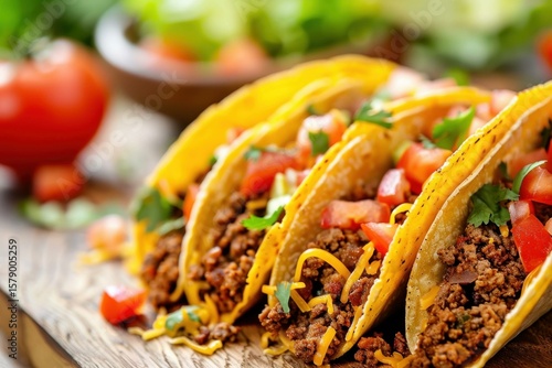 Delicious crunchy tacos filled with ground beef, cheese, tomatoes, and herbs are presented on a wooden board, creating a vibrant and appetizing scene
