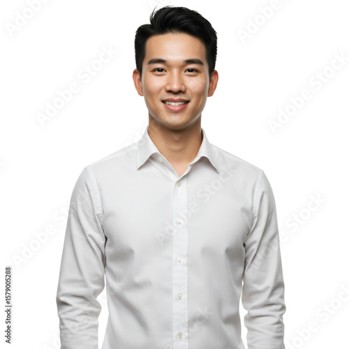 Isolated Potrait of Smiling Young Asian Man in White Shirt