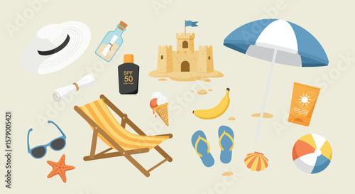 A vibrant beach scene with a sandcastle, beach chairs, and various summer accessories under a bright umbrella