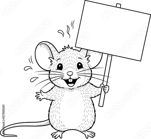 Cartoon mouse holding sign vector illustration drawing outline cute animal blank message board template image