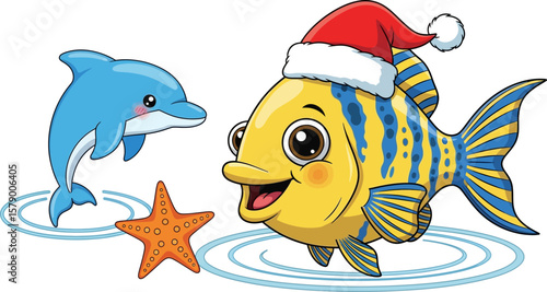 Cartoon christmas fish with santa hat dolphin and starfish holiday ocean animals christmas illustration
