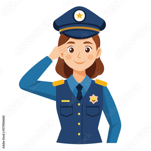 A female police officer in uniform saluting with pride, symbolizing law enforcement and public service.