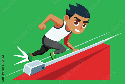 Dynamic Illustration of a Cartoon Runner Starting a Sprint on a Green Background