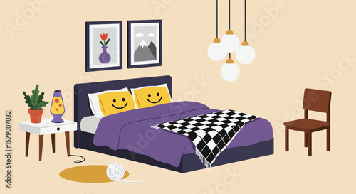 A cozy bedroom interior featuring a bed with smiley face pillows, a nightstand, and modern decor