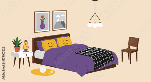 A cozy bedroom interior featuring a bed with smiley face pillows, a nightstand, and modern decor