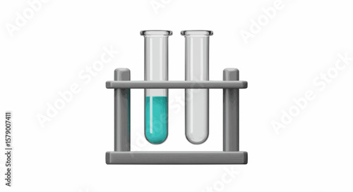 Two test tubes in a gray rack one filled with blue liquid and the other empty on a white background