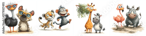 Fun watercolor savanna animals - ostrich, hyena, cheetah, monkey, giraffe, zebra, flamingo, rhino isolated on white background  