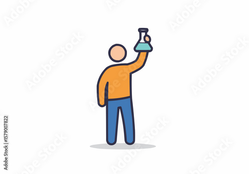 Illustration of a person in an orange shirt holding up a flask with blue liquid in their right hand