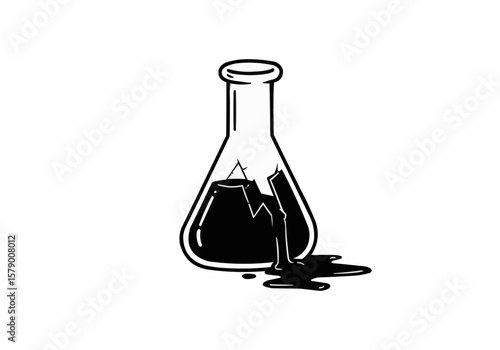A broken beaker with a dark liquid spilling out onto a white surface in a black and white drawing style