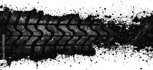 A detailed tire track imprint presented with artistic black paint splatter on a white backdrop, evoking themes of movement, creativity, and an industrial vibe.