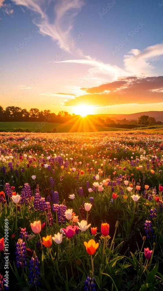 Fototapeta premium A vibrant field of wildflowers at sunset