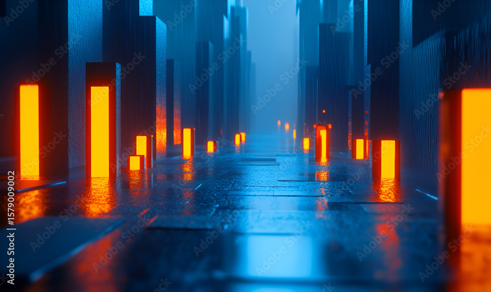 Naklejka premium Abstract futuristic cityscape with glowing orange lights illuminating a dark blue, reflective surface, creating a sense of depth and mystery.