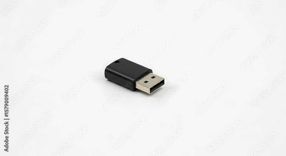 Fototapeta premium A small, black USB wireless dongle or adapter, representing connectivity, technology, and portable data transfer on a white background. 