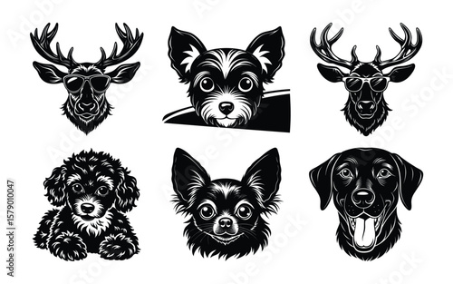 Vector art of a collection of stylized animal portraits featuring dogs and deer wearing sunglasses