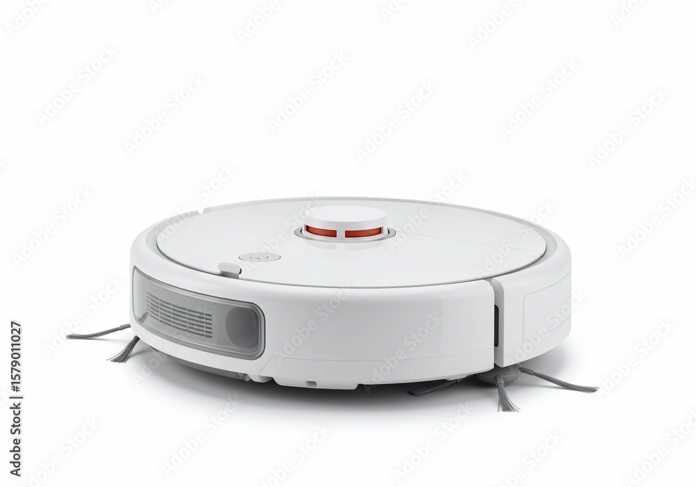 Fototapeta premium Modern white robotic vacuum cleaner with side brushes on a white background