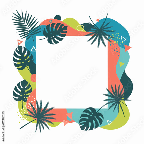 Palm Leaves Floral Border with modern geometric shapes, abstract leaves, and playful Memphis tropical design