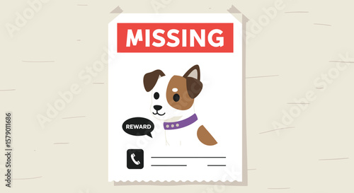 A missing dog poster with a cartoon illustration of a lost pet and a reward offer