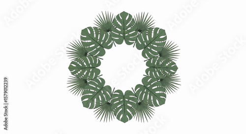 Palm Leaves Floral Border in circular green wreath of fan palm leaves for tropical holiday decoration