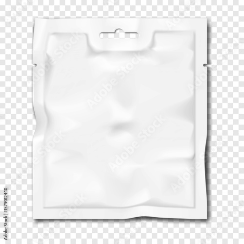 White blank tear notch square sachet pouch with euro hole hanger. Realistic vector mockup. Hanging plastic bag. Mock-up. Food, medical, cosmetic product individual packet package. Template for design
