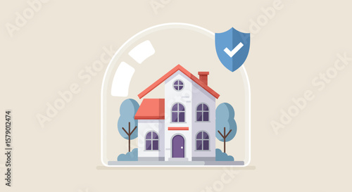 A protected house under a dome with a shield, symbolizing home insurance and security