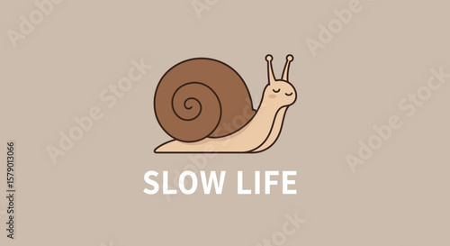 A cute cartoon snail with a brown shell reminds us to enjoy the slow life